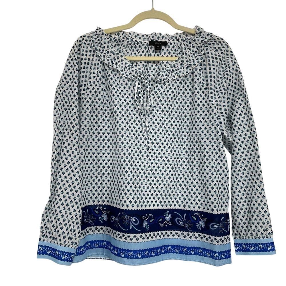 J Crew Blue Boho Printed Ruffled Blouse Long Sleeve XS Tie Neckline Long Sleeve